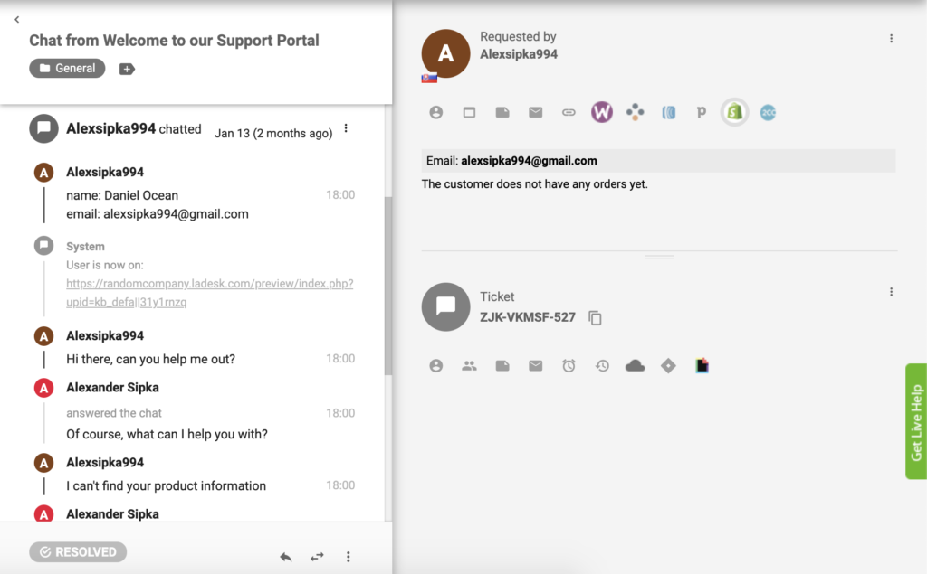 Plugin-ul Shopify este activ în LiveAgent, iar comenzile clienților pot fi vizibile din vizualizarea tichetelor