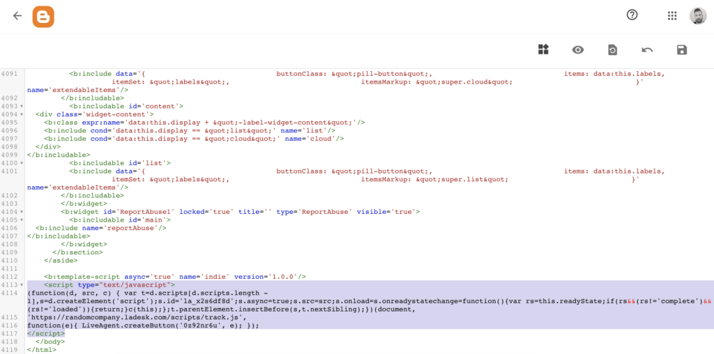 Cod Blogger cu codul butonului de chat introdus