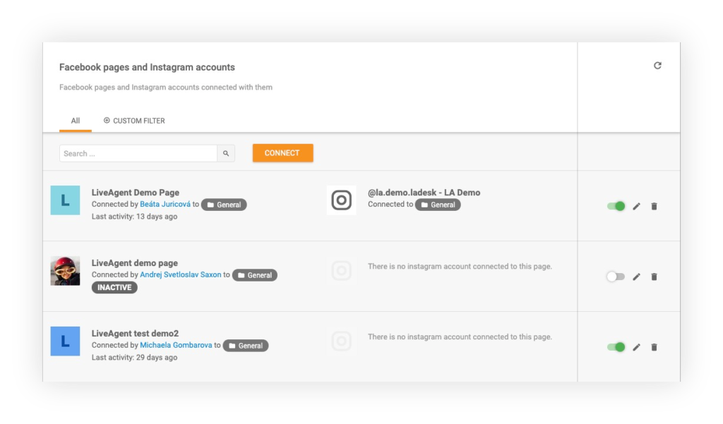 connecting Facebook and Instagram accounts to LiveAgent