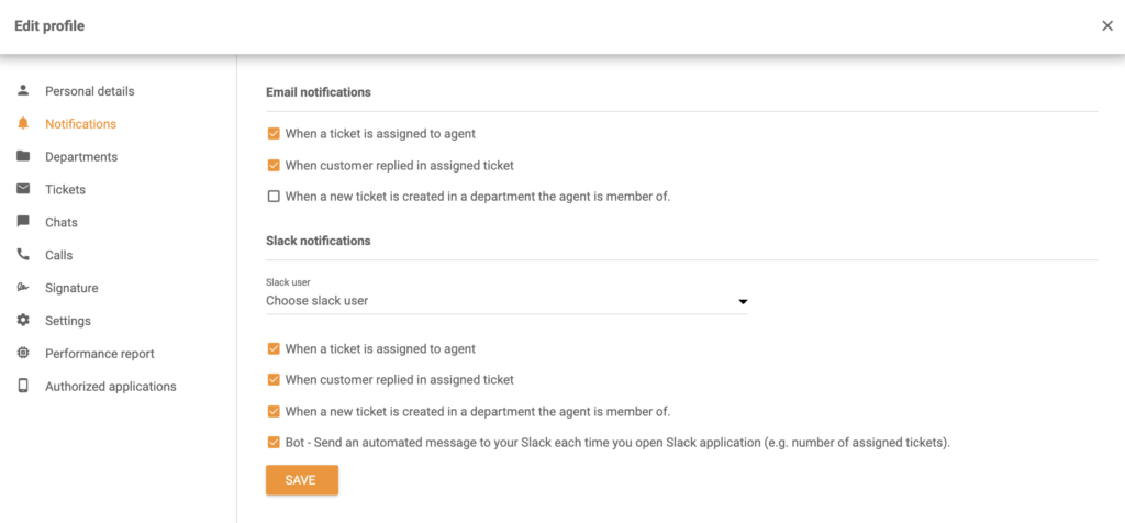 Opțiunile de notificări Slack în secțiunea Editare profil