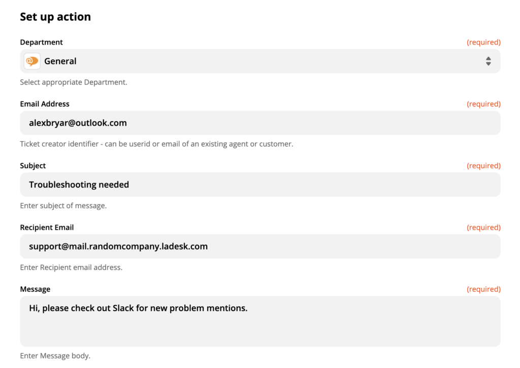 Prezentare a unei acțiuni LiveAgent configurate în Zapier