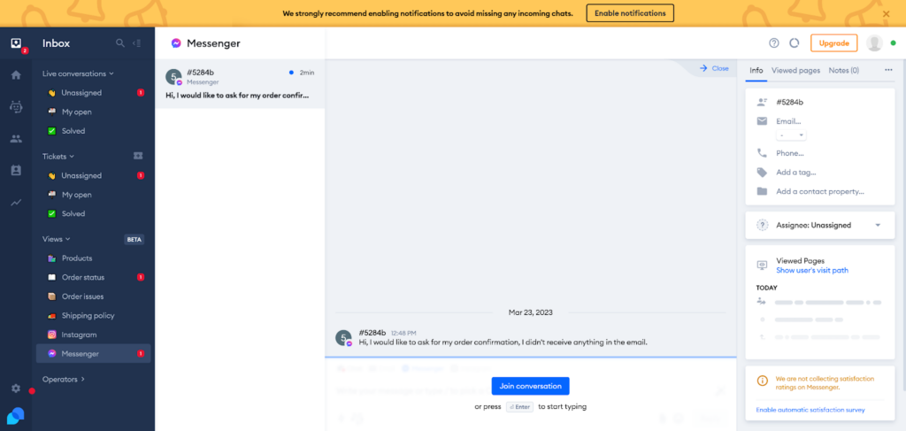Tidio - tichet de la Messenger
