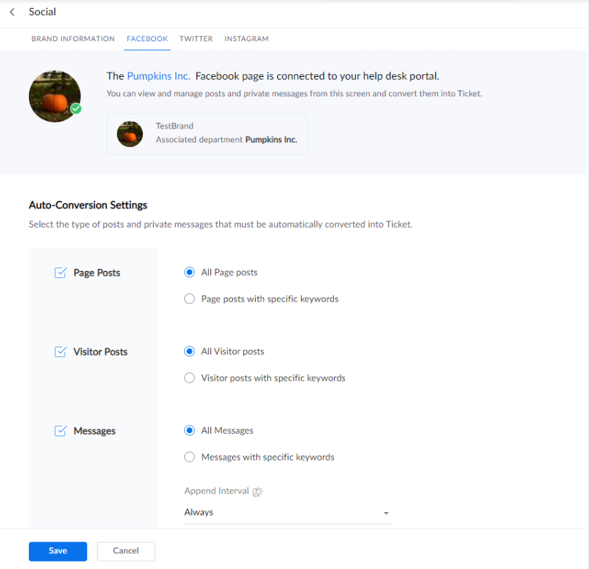 Zoho Desk - Pagina de Facebook conectată cu succes