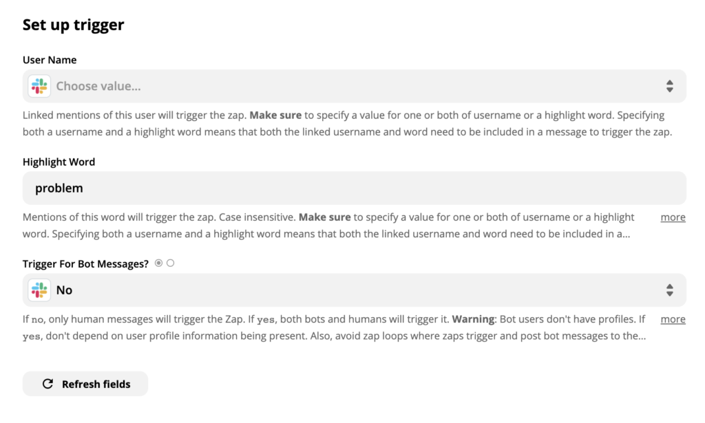 Prezentarea unei configurări de declanșare Slack în Zapier