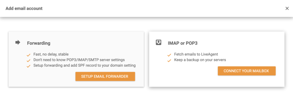 Opțiunea de integrare IMAP/POP3 în timpul integrării Dovecot cu LiveAgent