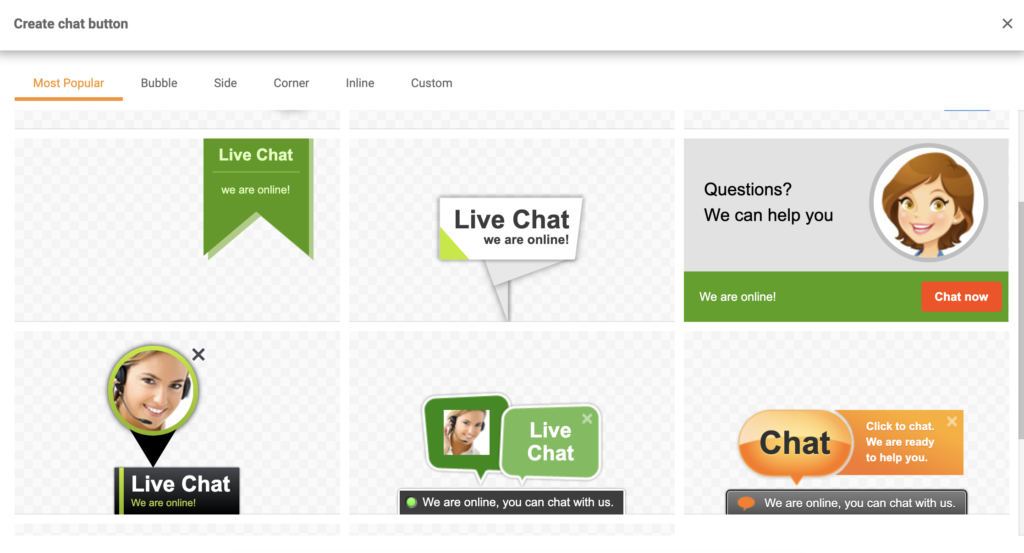 Galeria butoanelor de chat din opțiunile butonului Creați chat