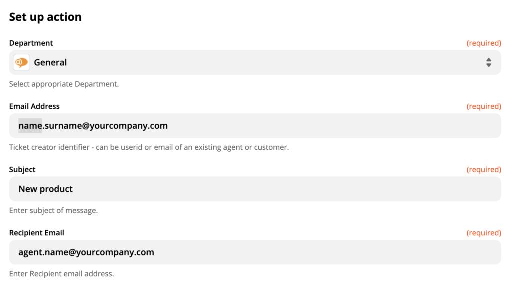 Configurarea acțiunii LiveAgent în integrarea Zapier cu Shift4Shop
