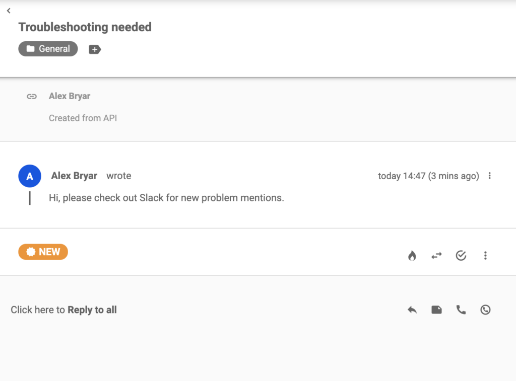 Un tichet trimis către LiveAgent după ce un cuvânt cheie a apărut în Slack